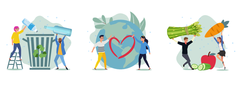 Grafik mit Erde und Menschen – Symbol für nachhaltigen Konsum und Zusammenarbeit.