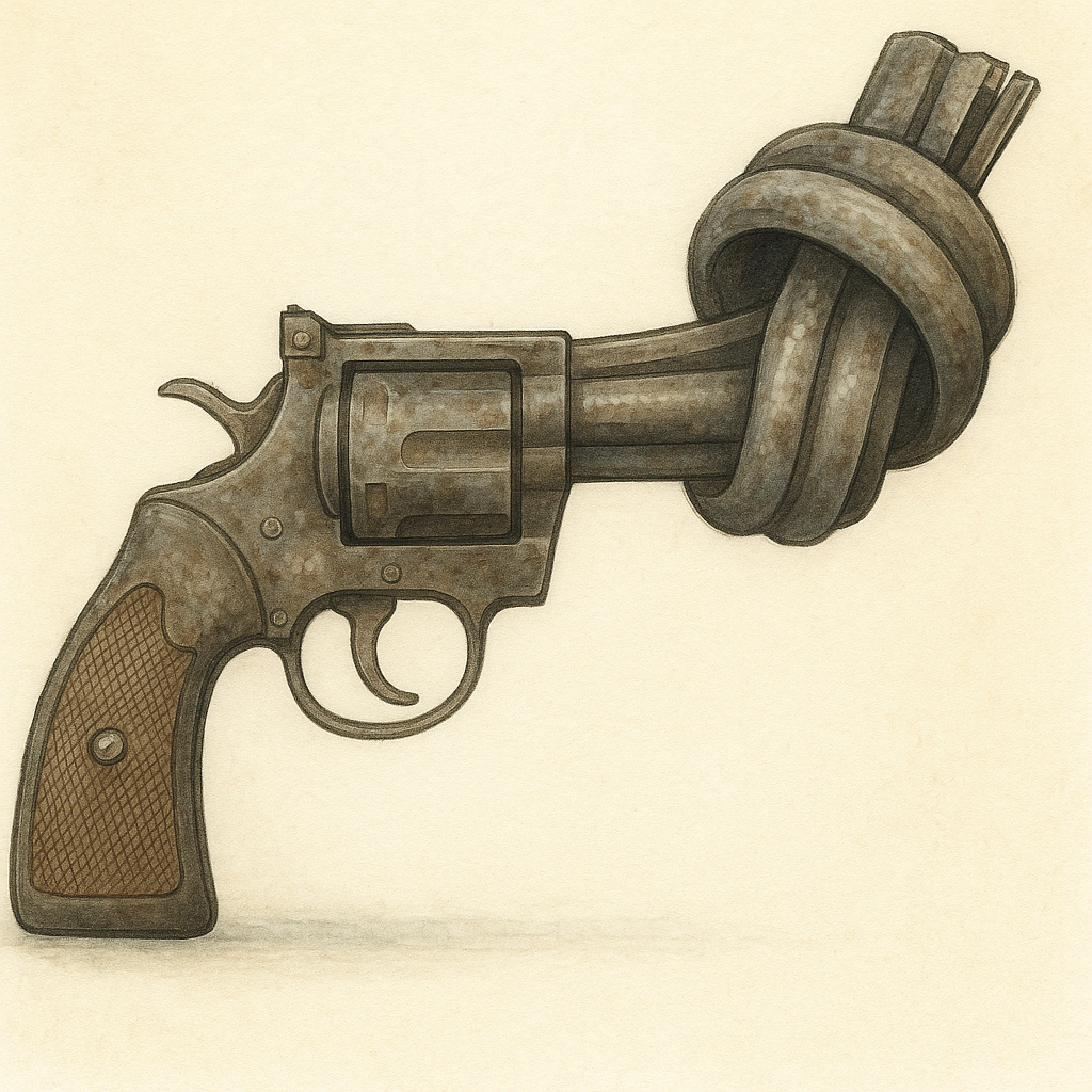 Verknotete Pistole – Symbol für Gewaltverzicht.