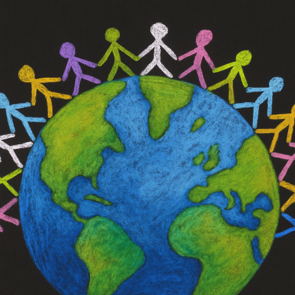 Erde mit Menschenfiguren im Kreis – steht für globale Zusammenarbeit.