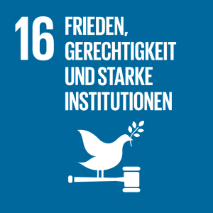 Blaues UN-SDG-Symbol ‚16 Frieden, Gerechtigkeit und starke Institutionen‘ mit Taube und Hammer.