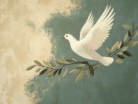 Grafik einer weißen Taube mit Olivenzweig – Symbol für Frieden.