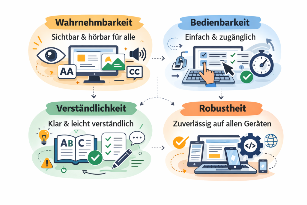 Grafik zu den vier Prinzipien der Barrierefreiheit – zeigt gleichberechtigten Zugang für alle.