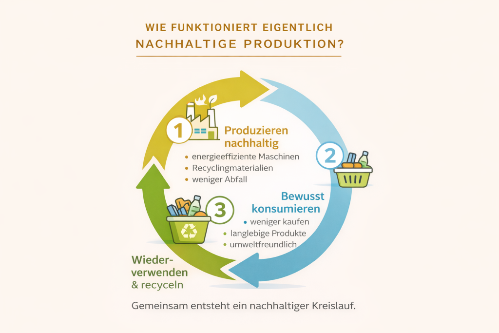 Grafik eines Kreislaufs mit Produzieren, Konsumieren und Recyceln – zeigt nachhaltige Produktion.