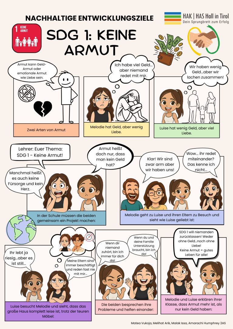 Infografik zu den UN-SDGs (SDG 1: Keine Armut), die anhand von Comic-Szenen zeigt, dass Armut mehr als nur Geldmangel ist und auch soziale und emotionale Aspekte umfasst.