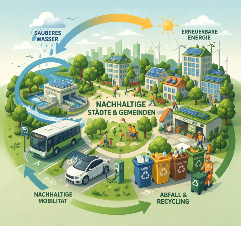 Infografik einer nachhaltigen Stadt mit Kreisläufen für Energie, Wasser, Mobilität und Recycling