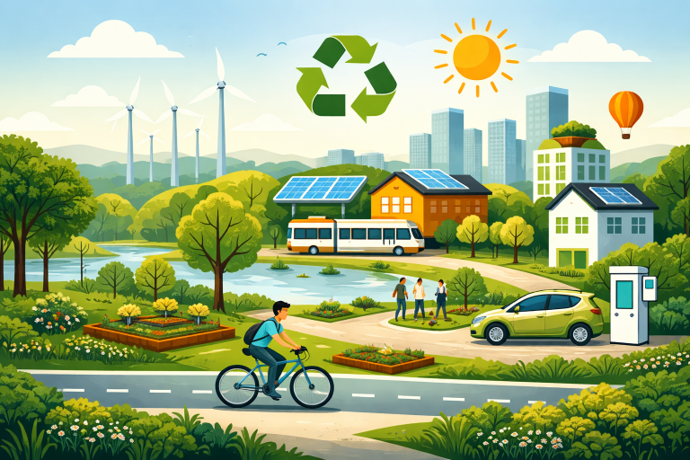 Illustration einer nachhaltigen Stadt mit Solaranlagen, Windrädern, Fahrradverkehr und viel Grünfläche