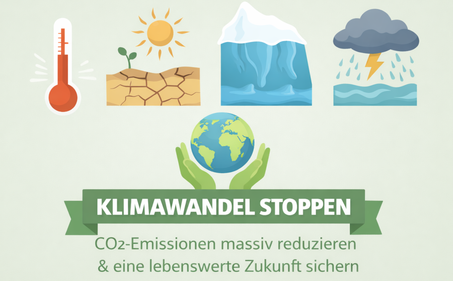 Grafik mit Erde, Wetterextremen und Thermometer – Symbol für Klimawandel und Klimaschutz.