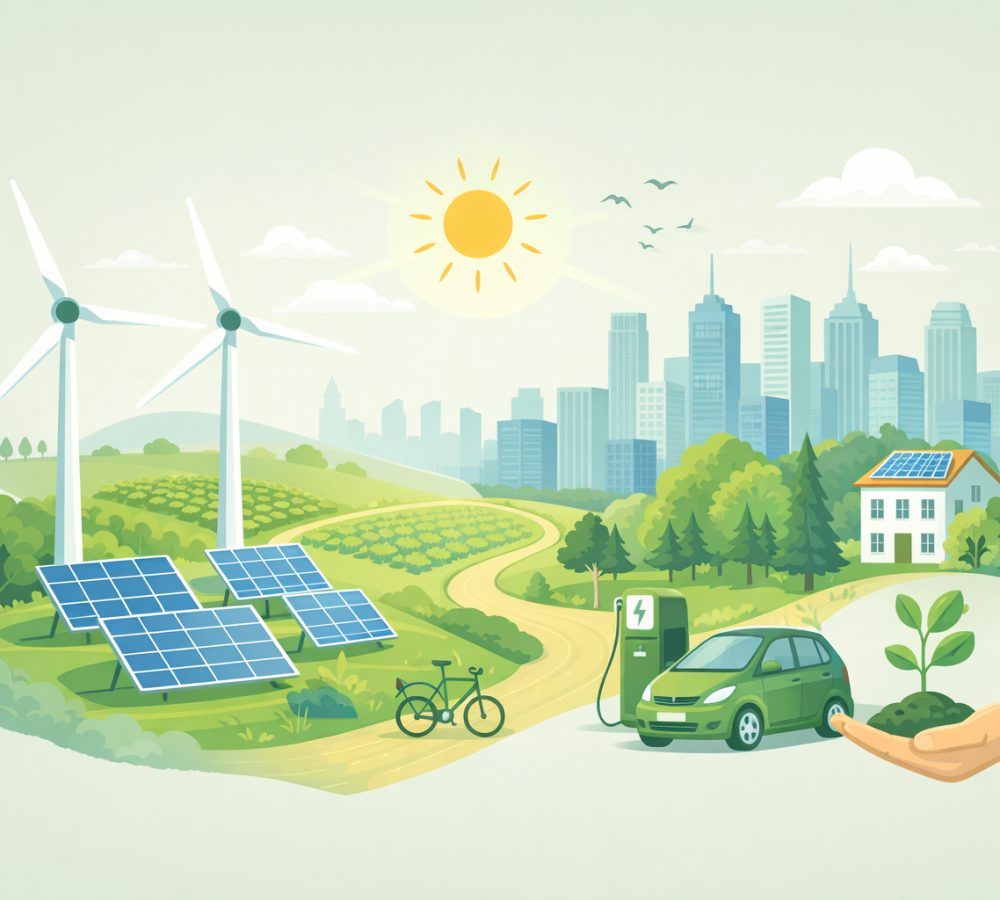 Grafik mit Stadt, Windrädern und Solaranlagen – zeigt nachhaltige Energie und umweltfreundliche Zukunft.